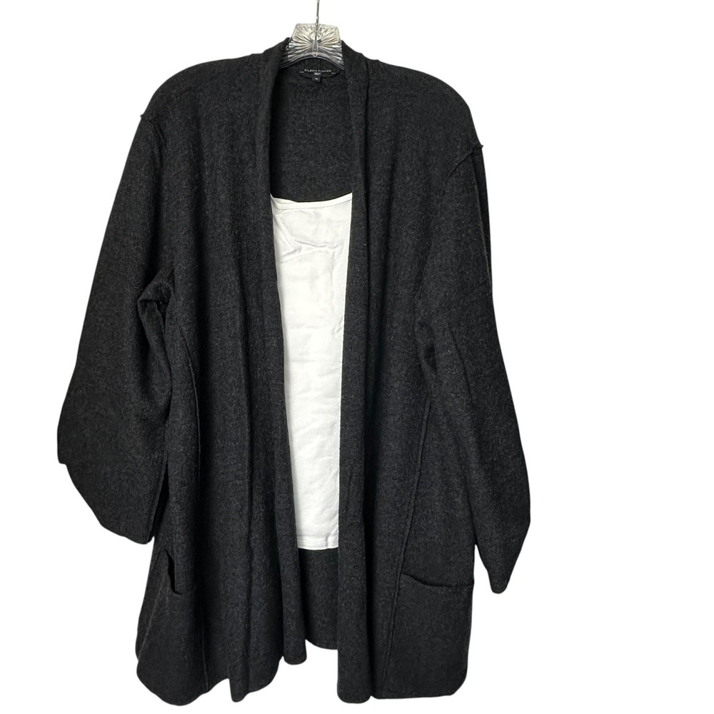 Eileen Fisher Sweater Womens Medium Gray Merino Wool Open Front Cardigan Pockets